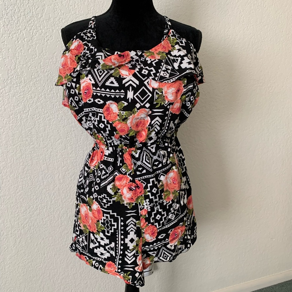 Derek Heart Black Floral Aztec Ruffled Romper
